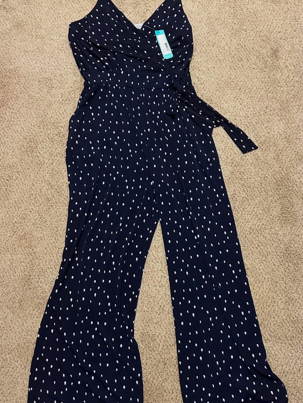 Navy Polka Dot Wrap Jumpsuit with Tie Waist